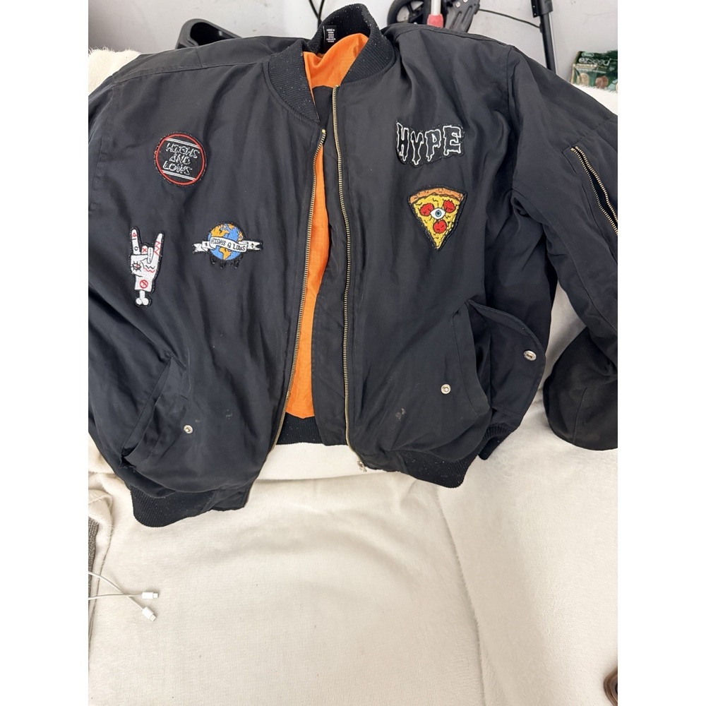 Forever 21 Men Bomber Jacket M Black Orange Lining Patches HYPE Pizza Punk